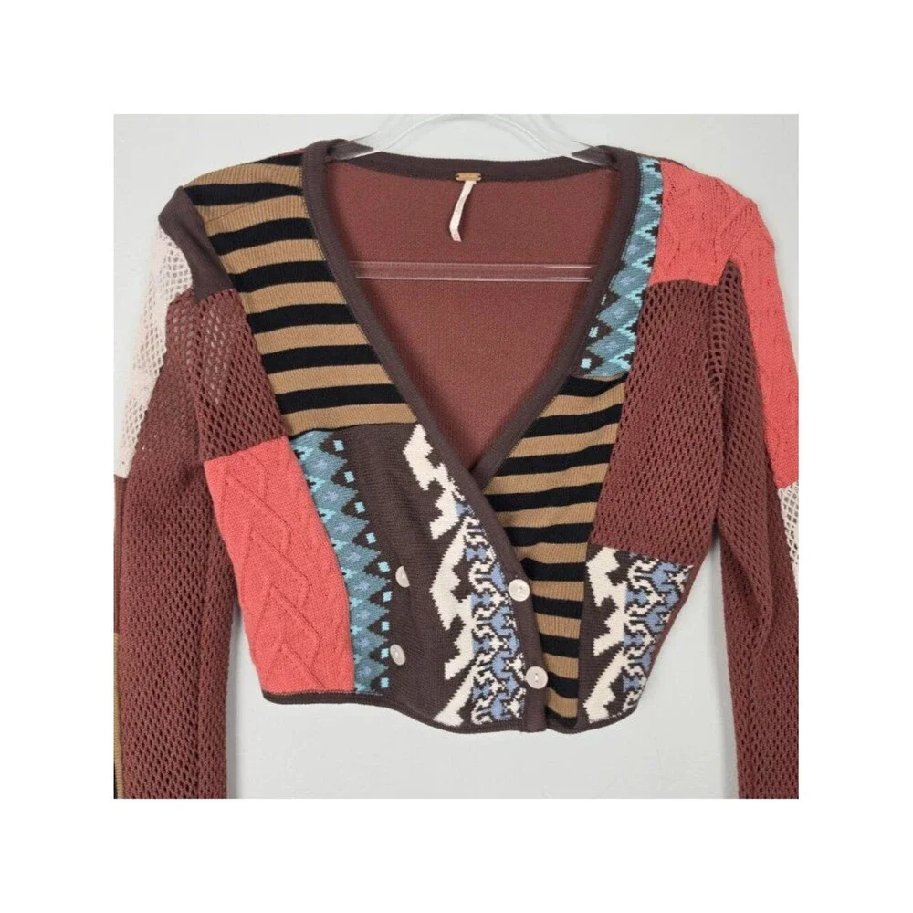 Free People Pieces Of Me Top Patchwork Knit Long Sleeve Crop Multicolor Size XS